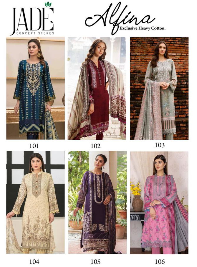 Jade Alfina Wholesale Pakistani Cotton Dress Mateial Catalog
